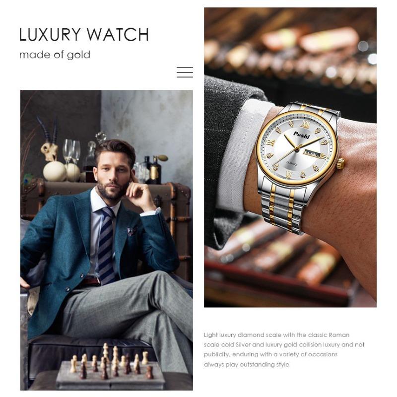 POSHI Men's Electronic Quartz Watch Waterproof Luminous Double Calendar Large Dial Stainless Steel Men's Watch