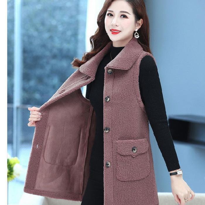 

Куртка из овечьей шерсти, тонкая, для женщин среднего и пожилого возраста, бархатная, с утолщением, жилет без рукавов для мамы, свитер на пуговицах XXXL розовый