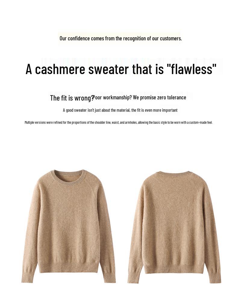 Women's 100% Pure Cashmere Round Neck Seamless Knit Sweater with Raglan Sleeves