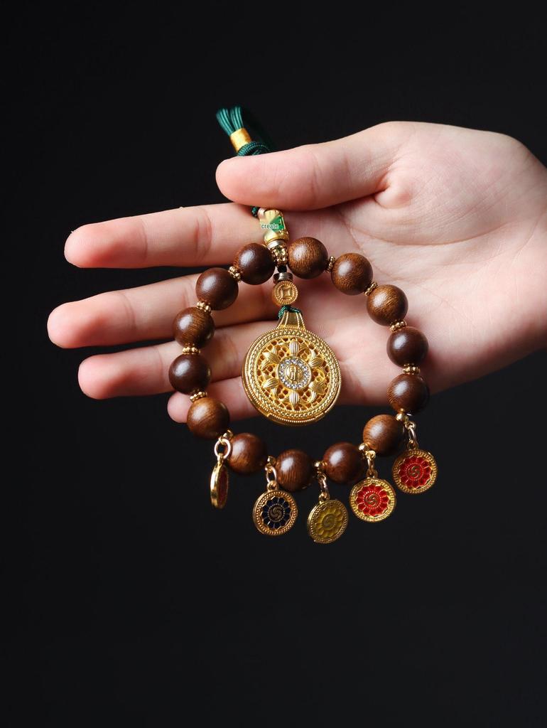 Fuson Red Soil Agarwood Car Pendant with God of Wealth & Peace Lock - Sinking Grade Beads Jewelry