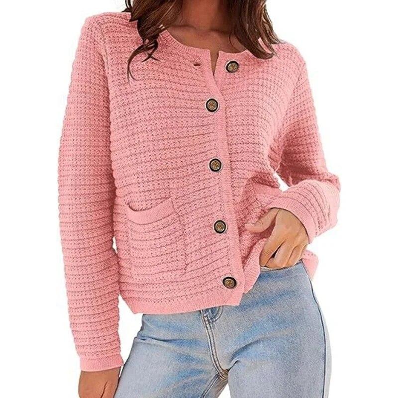 Autumn Round Neck Knitted Coat Vintage Solid Pocket Commuter Office Jacket Casual Button Long Sleeve Cardigans Winter Clothing 29764