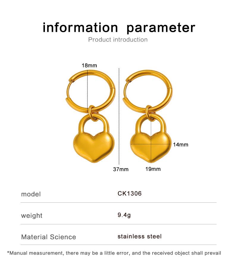 Meishiduo Heart Pendant Korean-Japanese Style Gold Hoop Earrings - Colorfast Titanium Steel