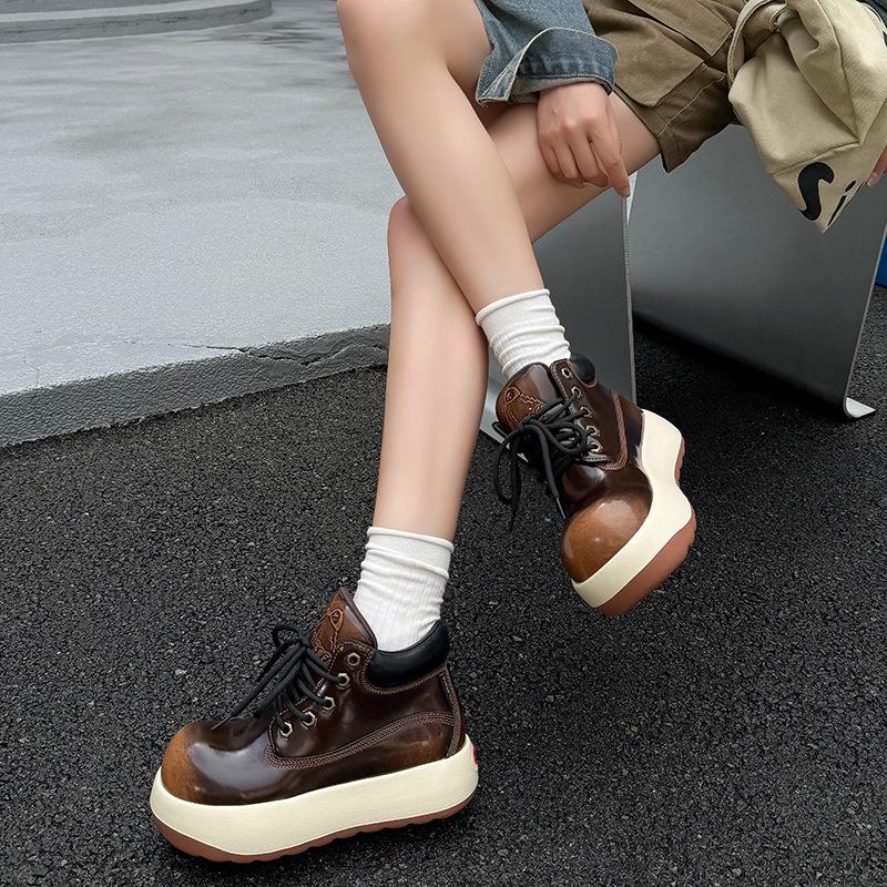 Fashion Women Fad Casual Big Head Rhubarb Boots No Slip Soft Bottom Height Increased Boots Thick-bottomed Lady Tooling Boots Botas Mujer