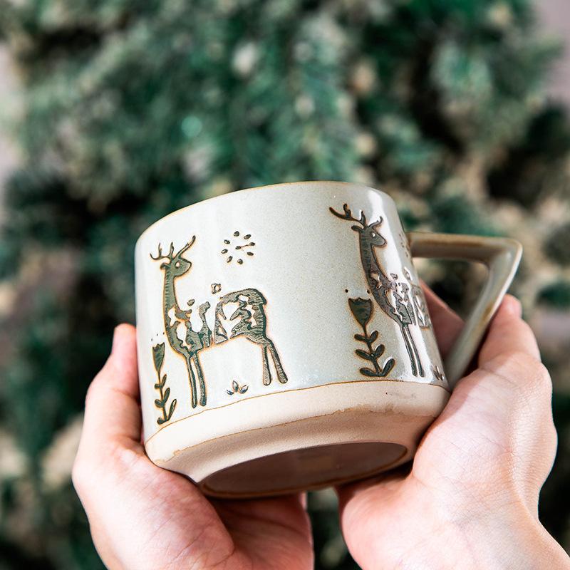 Christmas Vintage Ceramic Mug with Heat-resistant Handle Coffee Cup Nordic Style Home Office Handmade Water Tea Cups Xmas Gifts