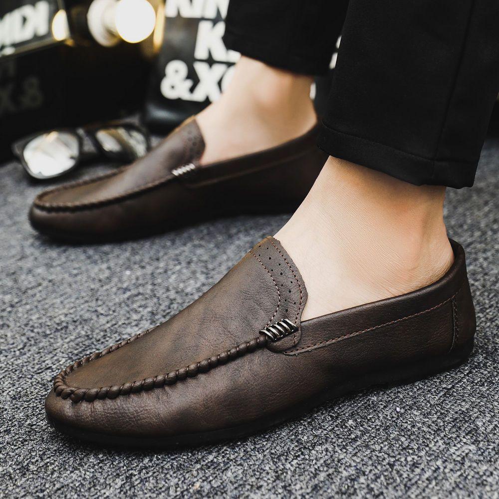 Round Toe Flat Slip-on Men's Leather Shoes 2025 Trend Classic Original Retro in Promotion Fashion Social Adults Male Casual Shoe