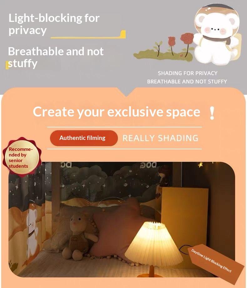 Student Dormitory Bunk Bed Blackout Privacy Curtain with Cartoon Dog Pattern Dust-Proof for Men & Girls