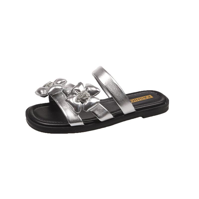 

High-heeled slippers thick-heeled rhinestone flower half slippers 2025 new summer lazy one-pedal cool slippers women s shoes 35 серебряный