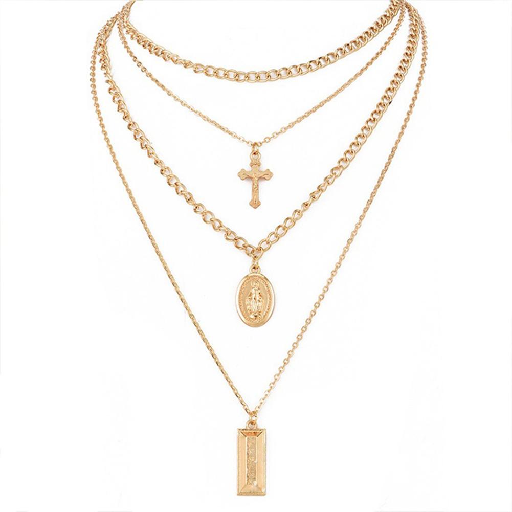 Women Trendy Crucifix Cross Necklace Vintage Multi Layer Choker Pendant Jewelry