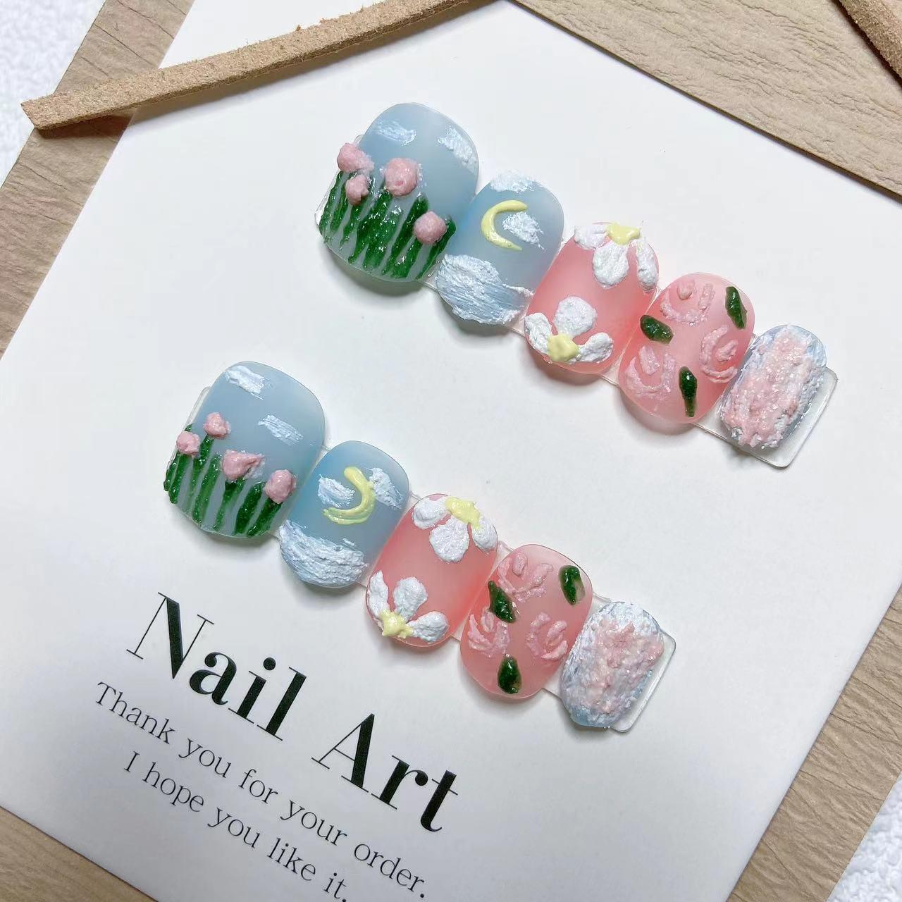 

Гипсовый клей Матовый Расписанный вручную Носимый нейл-арт - Продвинутый Дофаминовый Чисто ручной работы Короткие ногти Large