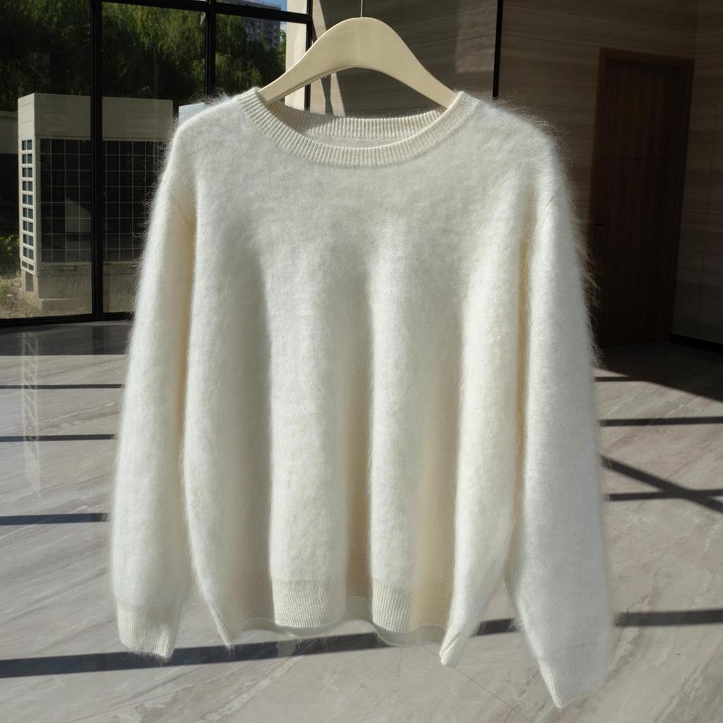 Women's 100% Pure Goat Cashmere Flocked Round Neck Sweater - Long Sleeve Solid Color Pullover