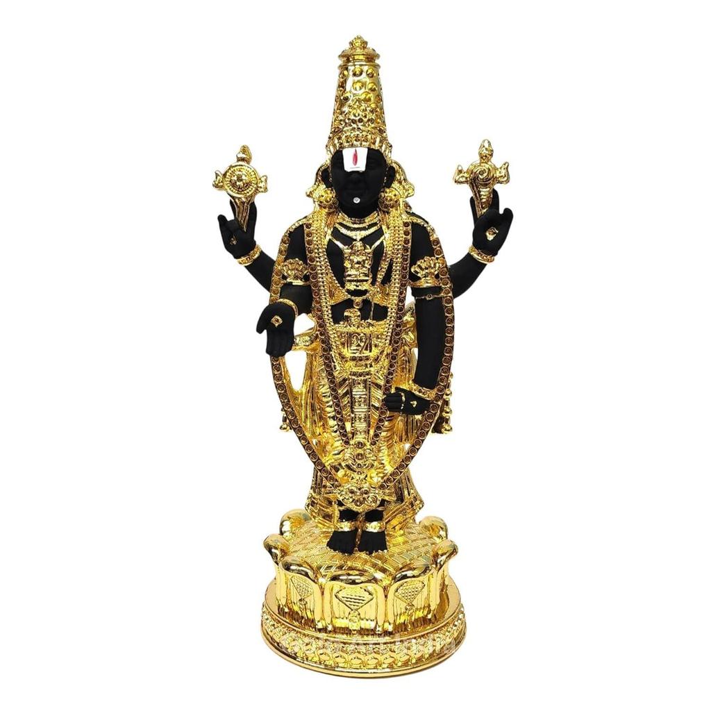 Lord Tirupati Balaji Gold Plated Black Terracotta Idol for Car Dashboard | Vishnu Ji Idol for Office Desk | Venkateswara Swamy Murti for Home |