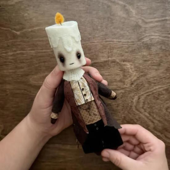 Spooky Candle Head Doll with Vintage Clothing LED Flickering Flame Unique Collectible Art Doll Gothic Halloween Decor Gift