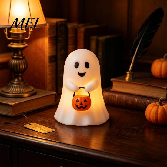 Christmas Eve Party Supplies Cute Ghost Holding Pumpkin Bucket Table Lamp, Halloween Spooky Bedside Synthetic Resin Ornaments Small LED Night