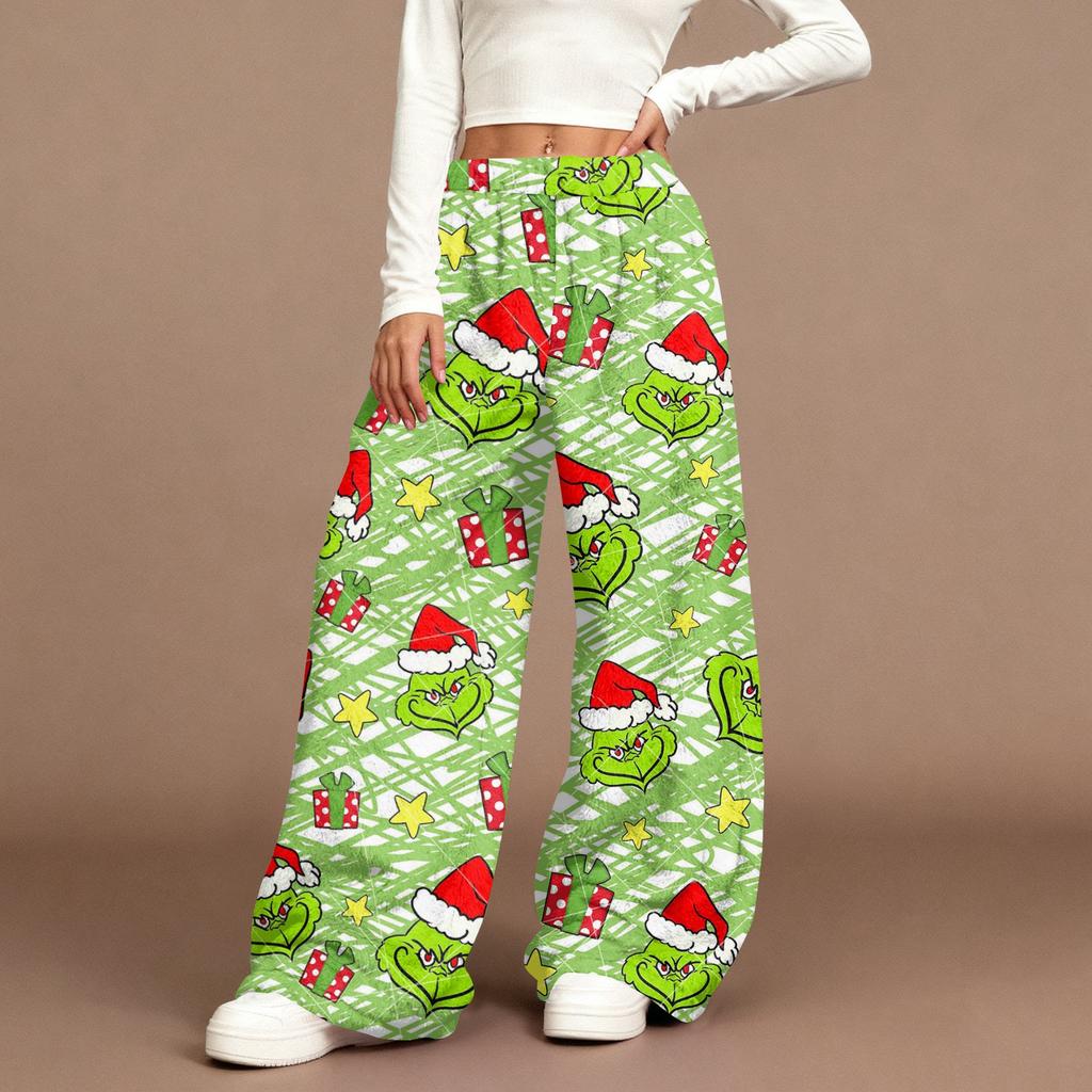 Women's Casual Fashion Christmas Print Elastic Waist Loose Plush Wide Leg Pants