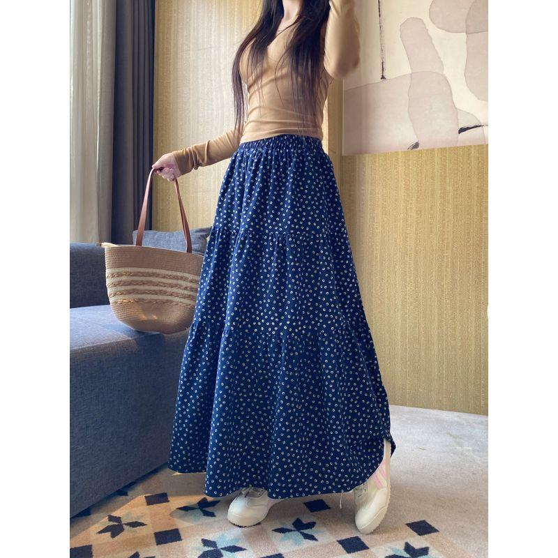 

Kumikumi Design Sense Navy Blue Floral Elastic Waist Skirt Women clothes Autumn All-Match Loose Drape Long dress Navy blue M