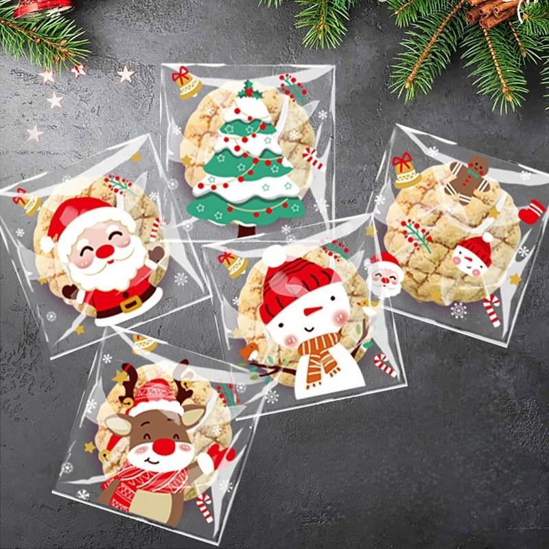 100Pcs Christmas Cellophane Candy Bags, Self-adhesive Candy Bags, Goodie Cookie Gift Bags for Christmas Party Favors Wrapping