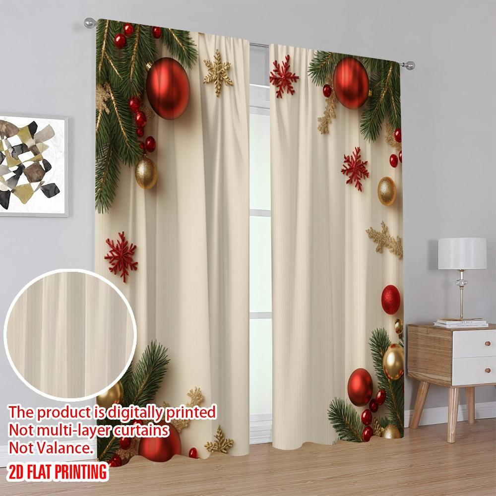 2pcs,2D Plane Printing Curtains Christmas Balls Pine Snowflakes (3) Polyester Woven (without Rod) Decorations Outdoor Perfect