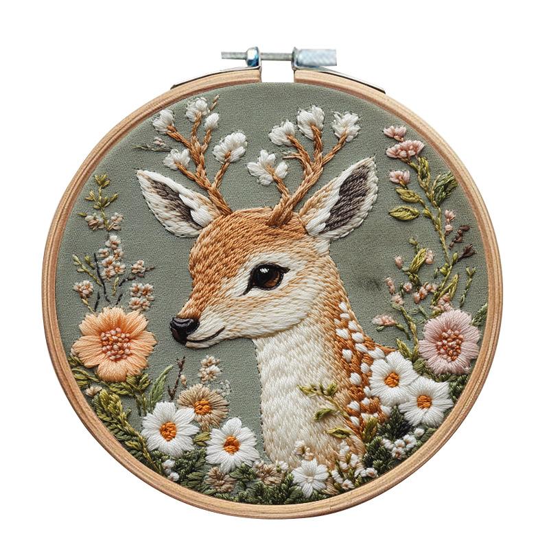 1pc Deer and Flower Pattern Embroidery DIY Fabric Craft Set with Tools