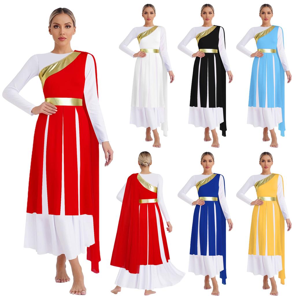 Abito da Danza Lirica di Lode per Donna S-XXL Monospalla Drappeggio Senza Maniche Patchwork Metallico Lucido Orlo Spaccato Tunichetta Costume