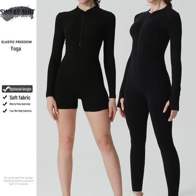 Europäischer & Amerikanischer Sport-Körperformender Jumpsuit: Reißverschluss Strickshorts, Schlankmachende Langarm-Yogabekleidung, Po-Hebendes Einteiler zum Laufen
