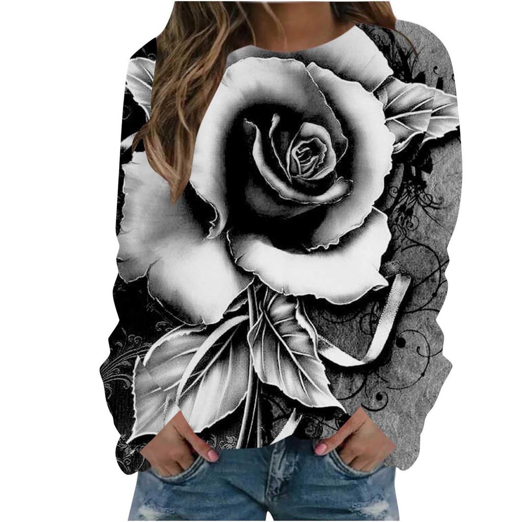 Rose Flower Sweatshirts Floral 3D Print Hoodies Women Long Sleeve Y2k Hoodie Streetwear Oversized Pullovers Top Female Clothing