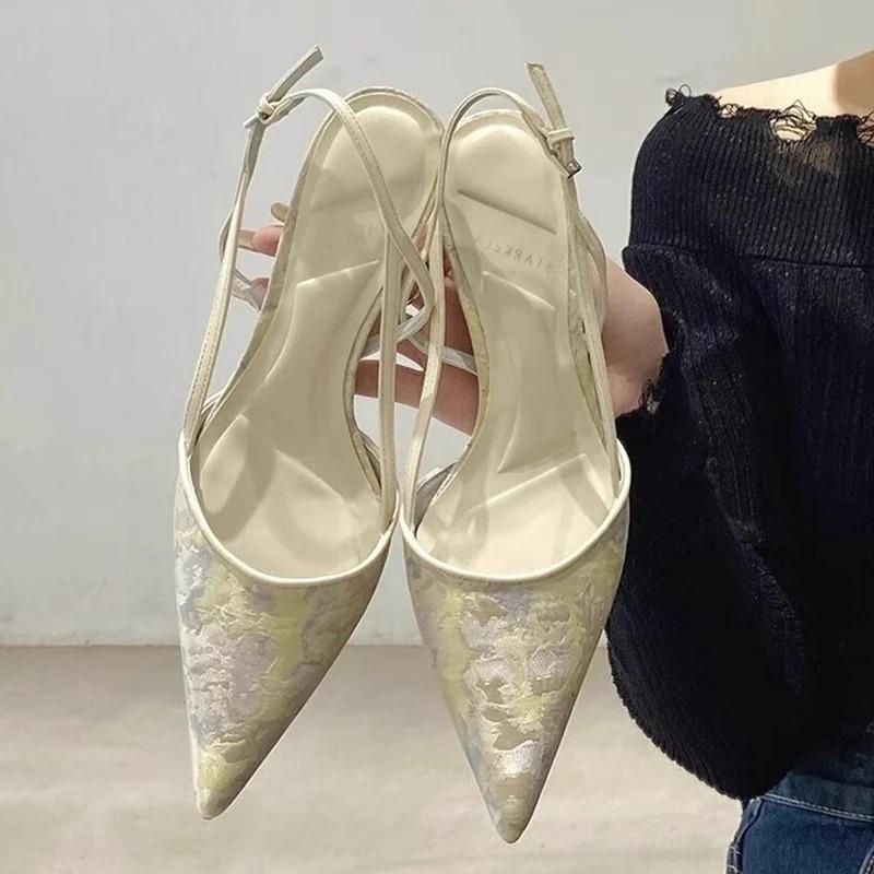 

Модные туфли-лодочки с тонким каблуком и принтом для женщин. Летние босоножки на среднем каблуке с острым носком. Женские туфли-лодочки с ремешком на щиколотке в китайском стиле. 39 светло-зеленый