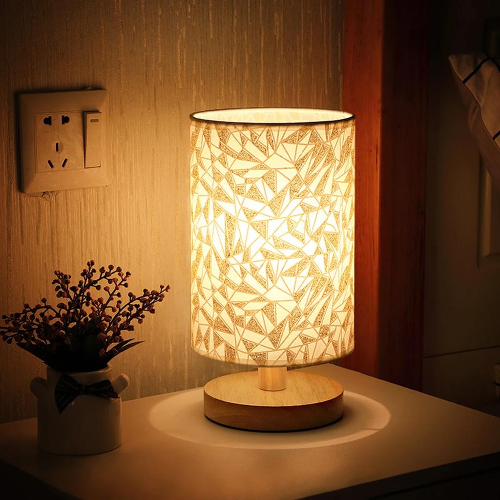 Linen Table Lamp LED Linen Night Lamp w/Warm White Light Linen Nightstand Lamp USB Powered Wooden Beside Lamp