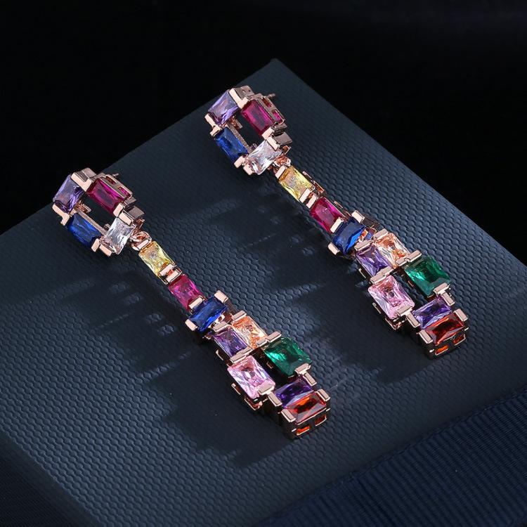 Simulation Colorful Tourmaline Earrings Impact Color Fashionable Earrings Super Sparkling Zirconium Round Face Slim Long Earrings