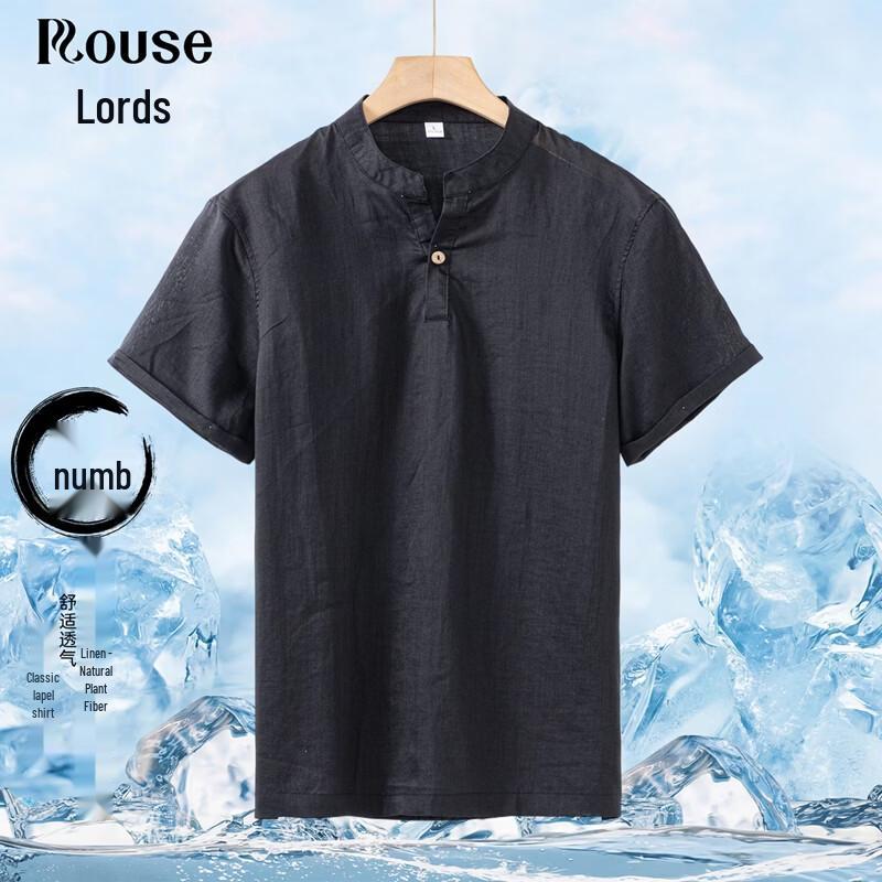 Luotz Men s 100% Linen Stand-Collar Short-Sleeve T-Shirt 3XL