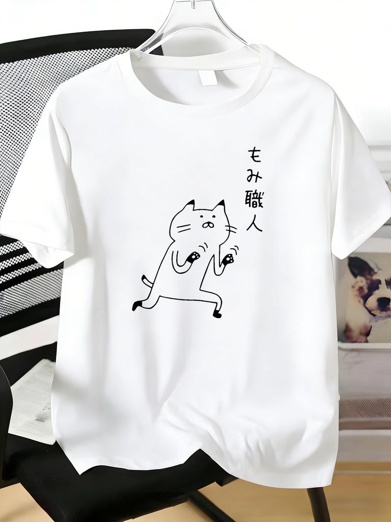 Unisexs Tee Simple Line Cat And Japanese Text Print Cotton Short Sleeve Male Casual Streetwear Outdoor Daily Basic Fashion Top