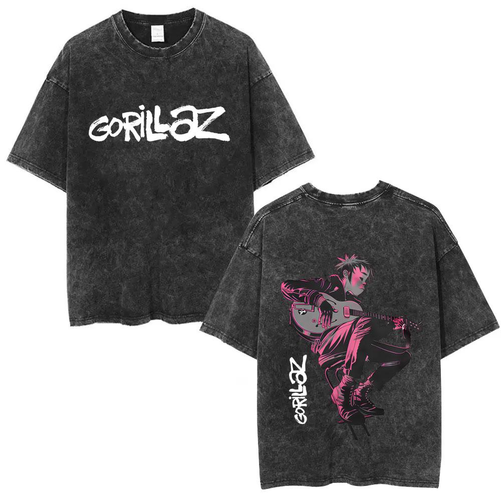 Washed Vintage Rock Band Gorillaz The Mountain Tour T Shirt Men Women Casual Oversized Tshirt Man Retro Rock Gothic Tshirt