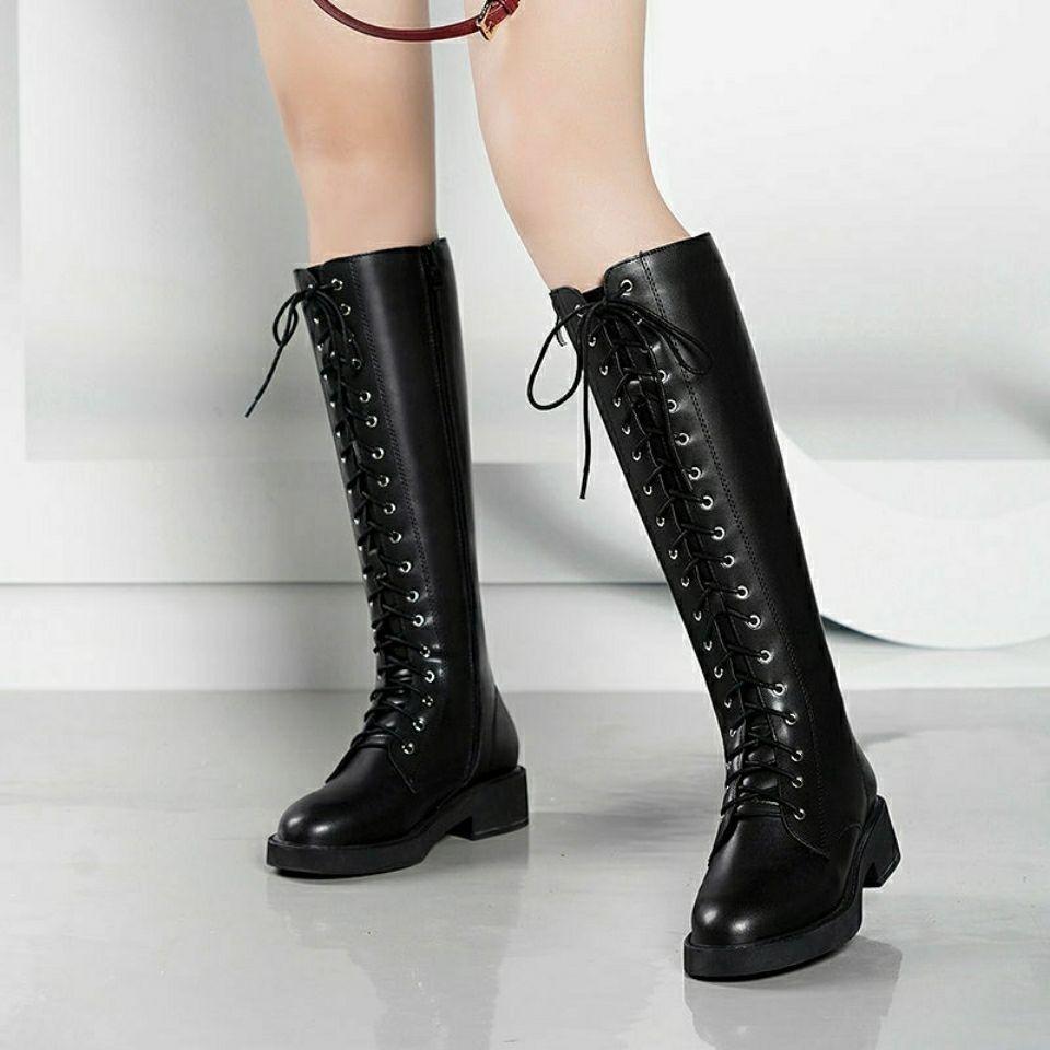 Fashion Shoes for Woman Round Toe Long Lace-up with Laces Footwear Winter Knee High Shaft Biker Black Women's Boots Fashion 2024 Quality