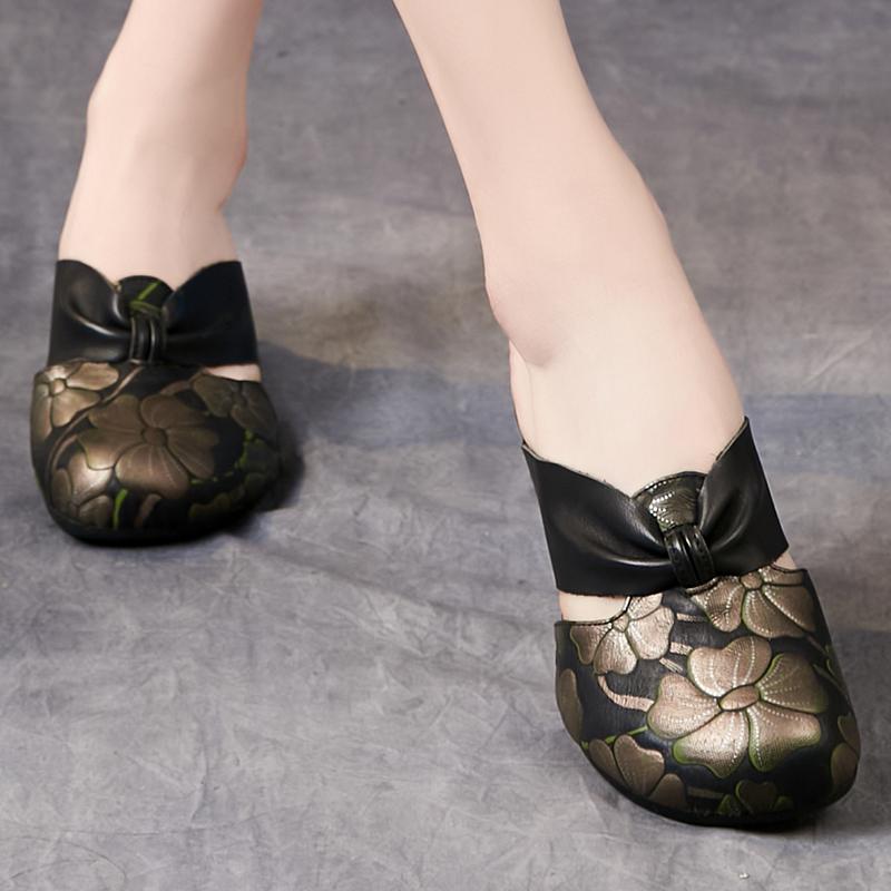 Fashion GKTINOO Genuine Leather 2025 New Summer Slippers Women Shoes Outside Slides Handmade Retro Round Toe Thick Heels Sandals