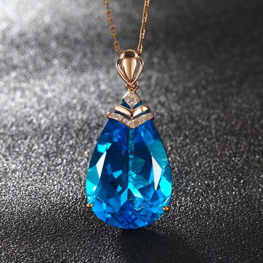 Women s Fashion 18K Rose Gold Plated Aquamarine Topaz Pear Shaped Pendant Necklace