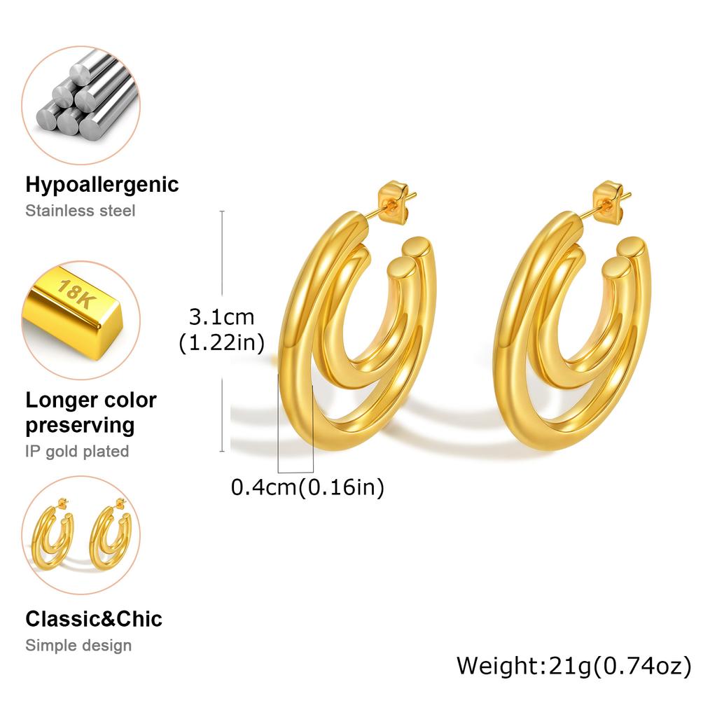 Classic C-shaped Earrings for Women,Gold Plated Stainless Steel Double Round Tube Earrings,Unique Jewelry Mother's Day Gift