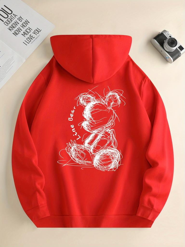 Fashionable men's autumn minimalist teddy bear print soft and comfortable hooded sweatshirt outdoor urban high street clothing