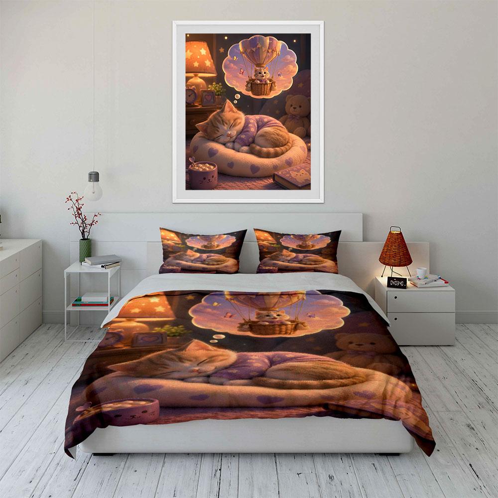 3Pcs Dreamy Hot Air Balloon Cat Journey Duvet Cover Set With 3D Printing Design Soft Polyester Bedding Set All-Season Comfort