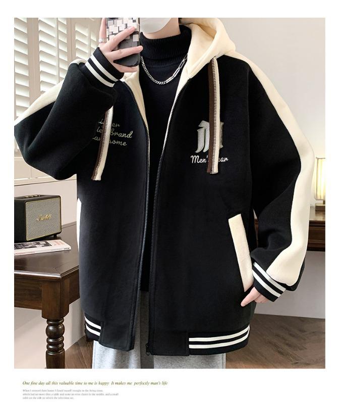 Teen Boys' Trendy Velvet-Style Baseball Jacket Hoodie