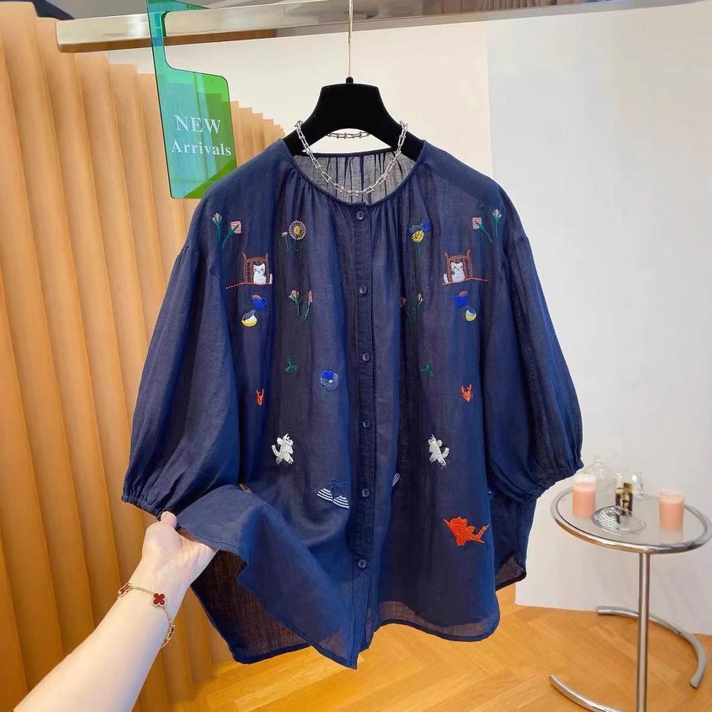 Women's Unique Embroidery Ramie Top - Extra Large, Lightweight, Chic, and Stylish for Summer 2026