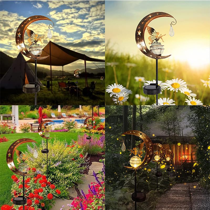 YZYOE Sun Moon Flower Fairy Crystal Garden Decor Iron Beautiful Fairy Crystal Wireless Dusk To Dawn LED Lamp, Lamp, Waterproof.