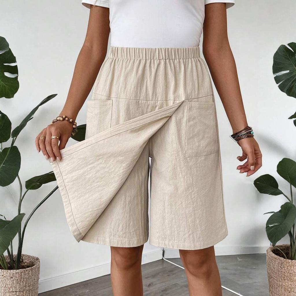 Women's Fashion Pants And Skirts Solid Color Elastic Waist Pocket Casual Shorts