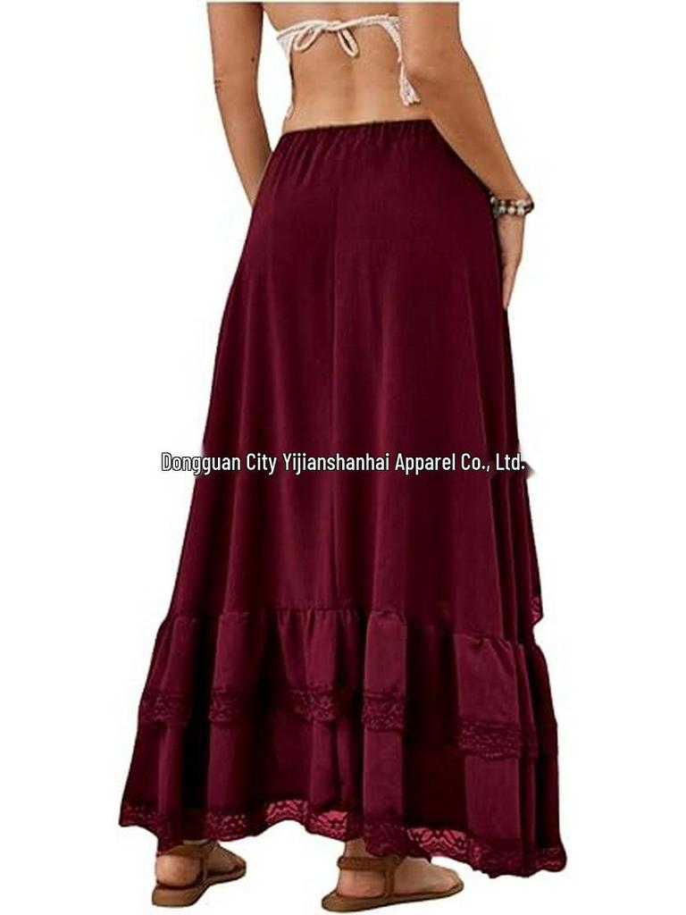 2026 Bohemian Style Printed Waist-Cinched Retro Short Skirt with Elegant Long Lace Design