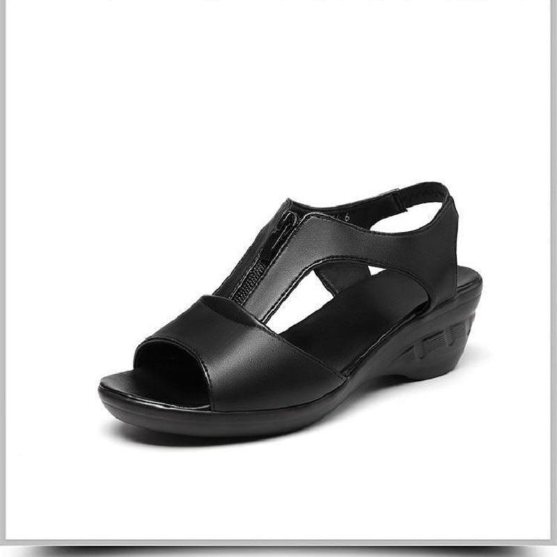 Women's Sandals Soft Leather Wedge Flat Shoes 2025 Summer New Fish Mouth Slope Heel Sandals Comfortable Soft Bottom Shoes