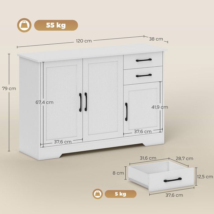 Aparador - HOMCOM - 3 puertas, 2 cajones y estante regulable - panel de partículas y MDF - 120 x 38 x 79 cm - blanco