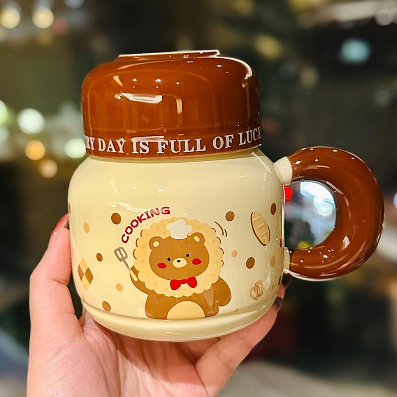 Милая мультяшная чашка-чайник с крышкой, девчачья керамическая кружка с сердечком, чашка для молока для студенческого общежития, сувенир 500ml