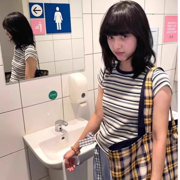 

Women s 2025 American Color Block Striped Short Sleeve Slimming T-shirt Extra Large