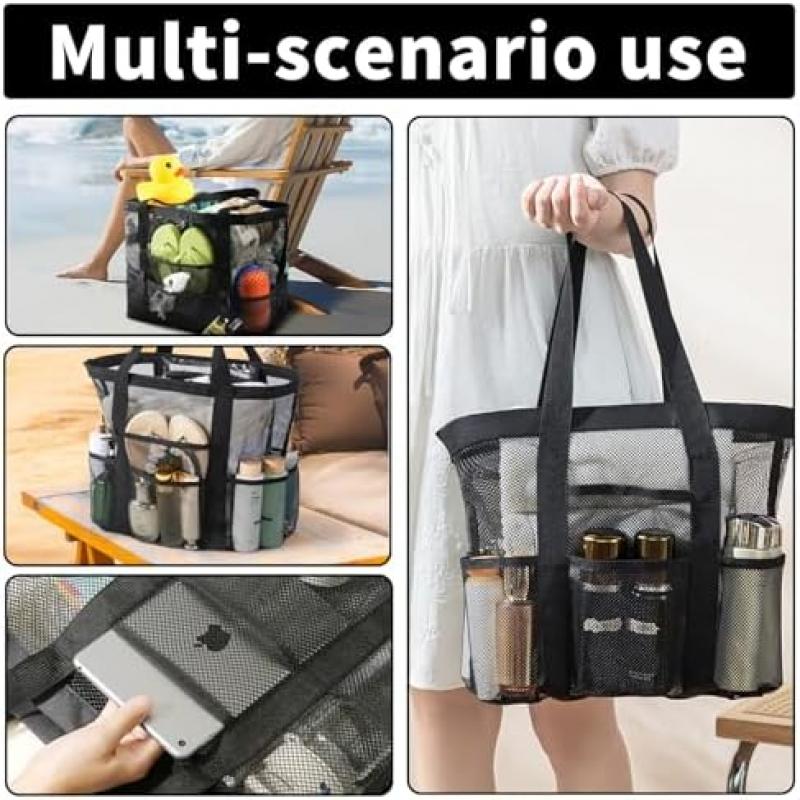 YCHYAN Nylon Mesh Beach Bag with Pockets for Family, Large Capacity Beach Tote Bag with 8 Mesh Pockets, Ideal for Beach Toys and Vacation Essentials