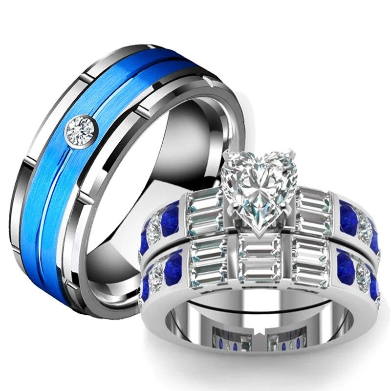 

Его и ее парные кольца для женщин, комплект обручальных колец с белым сердцем и цирконом, мужские синие кольца из титановой стали с цирконием, свадебные украшения, подарки