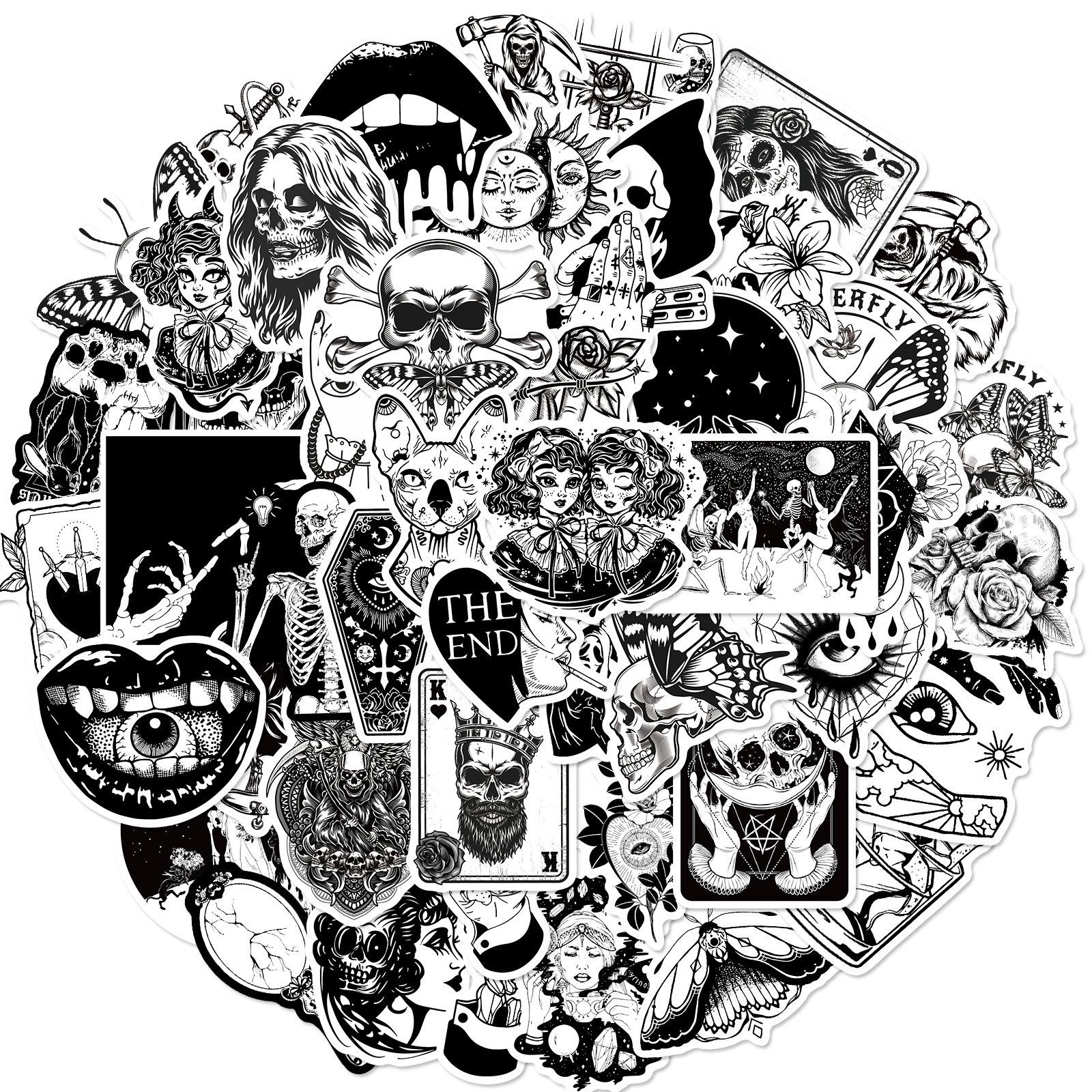 50pcs Gothic Horror Stickers: Black & White Witch Magic Decals, Waterproof for Suitcase & Phone