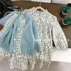 Kids' Korean Mohair Bubble Sleeve Knitted Cardigan & Floral Stand Collar Dress